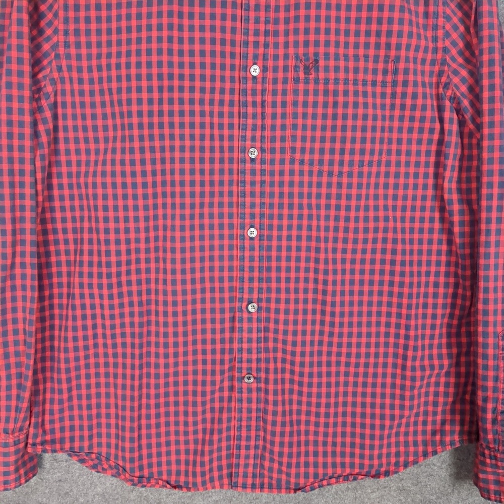 American Eagle Mens Classic Fit Gingham Button Down Shirt Red Navy Blue Large - Picture 5 of 11